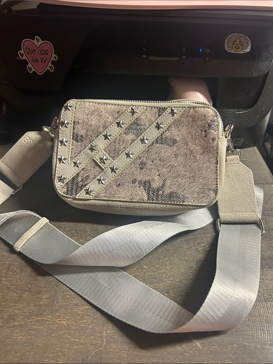 Vintage Havana Handbags - Vintage Havana "Meme" crossbody bag features a beige cowhide body with studs